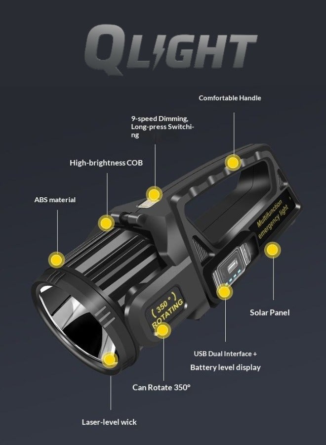QLIGHT Rechargeable Flashlights Outdoor Handheld, 2,000,000 Lumens Led Spot Light Flashlight with Solar Panels, 9 Modes Waterproof Handheld Flash light for Camping Hiking Outdoor Marine Boating Hunting - Image 4